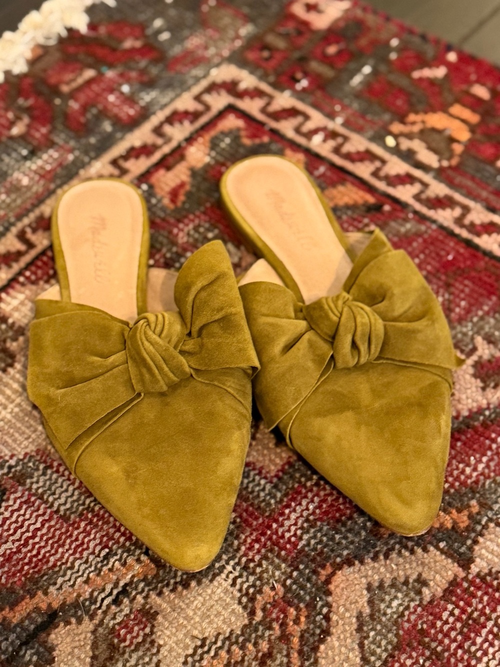 Madewell Olive Green Suede Bow Mules